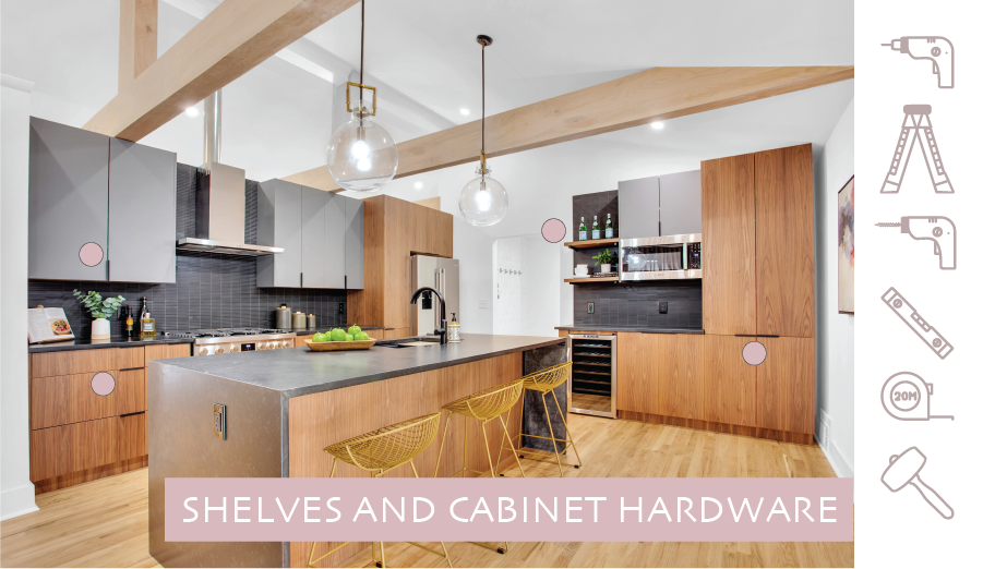 Kitchen highlighting floating shelves and cabinet hardware and the tools you need.